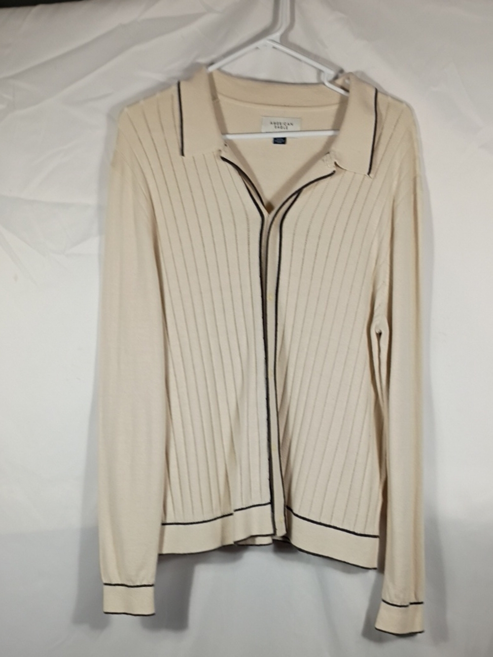 American Eagle AE Weekend Tipped Sweater Polo Shirt Ribbed Mens Medium Cream